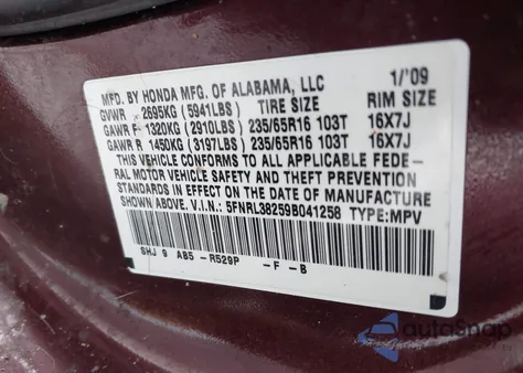 2009 Honda Odyssey Lx из США, поврежденный, VIN 5FNRL38259B041258